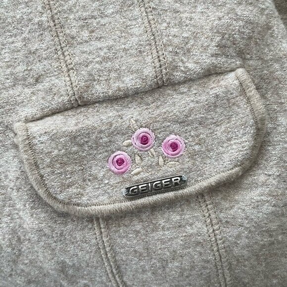 Geiger Austria Womens Jacket Sz 38 US 8 Tan Boiled Wool Linen Floral Embroidery - Picture 5 of 7